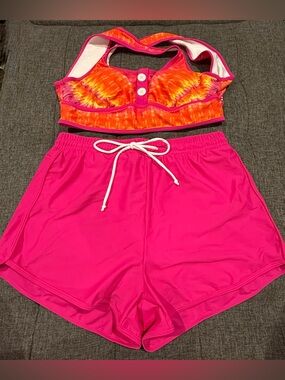 NWOT Bright Pink Swim Shorts Set with Yelliw, Pink & Orange Tie-Dye Top
